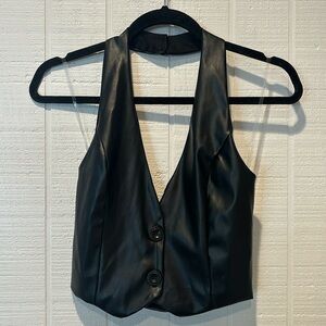 Black Halter Fuax Leather Crop Top